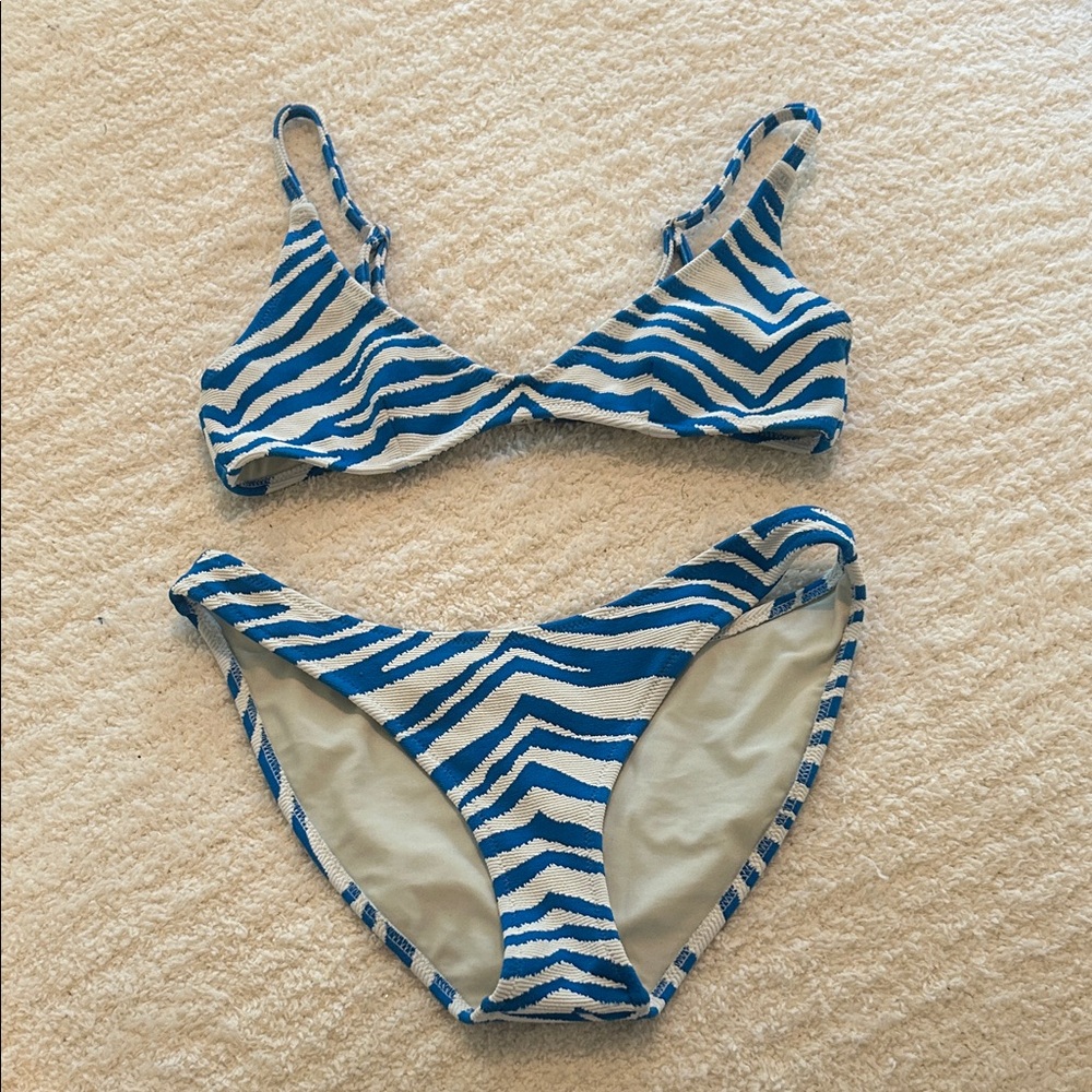 No signs of use. Blue and White Zebra Print Bikini